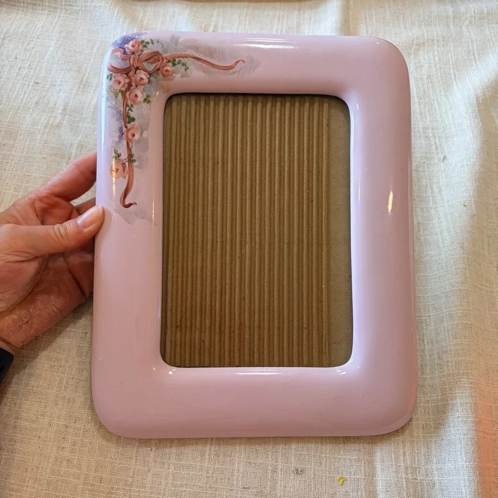 Vintage Pink Ceramic Floral‎ Photo Frame 5x7 Rose Ribbon Bow Cottagecore Decor